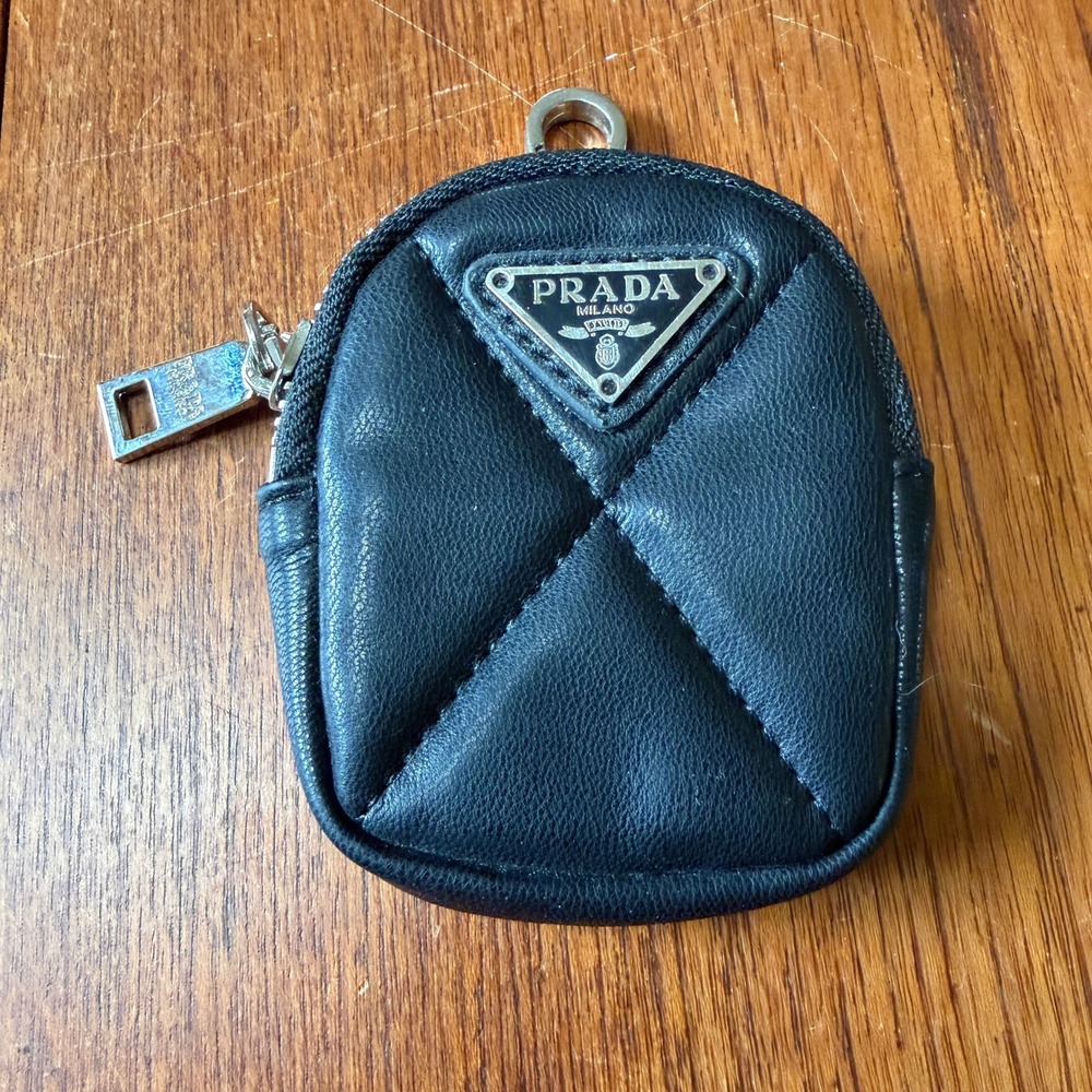 Prada Black Quilted Leather Mini Coin Pouch Bag Charm Triangle Logo